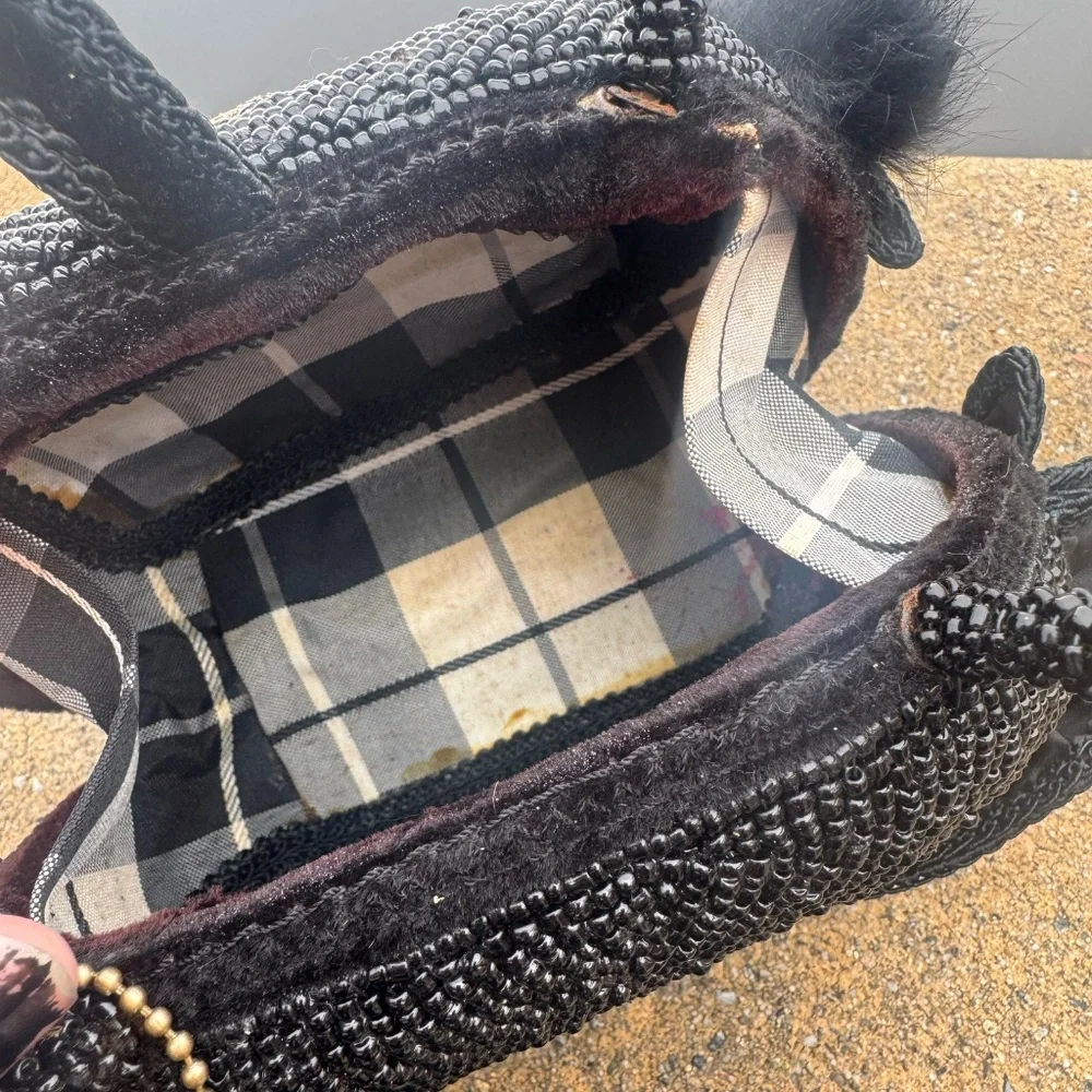 Mary Frances Black Beaded Evening Bag Fur Filigree Rhinestones Rose Handbag - Picture 4 of 5